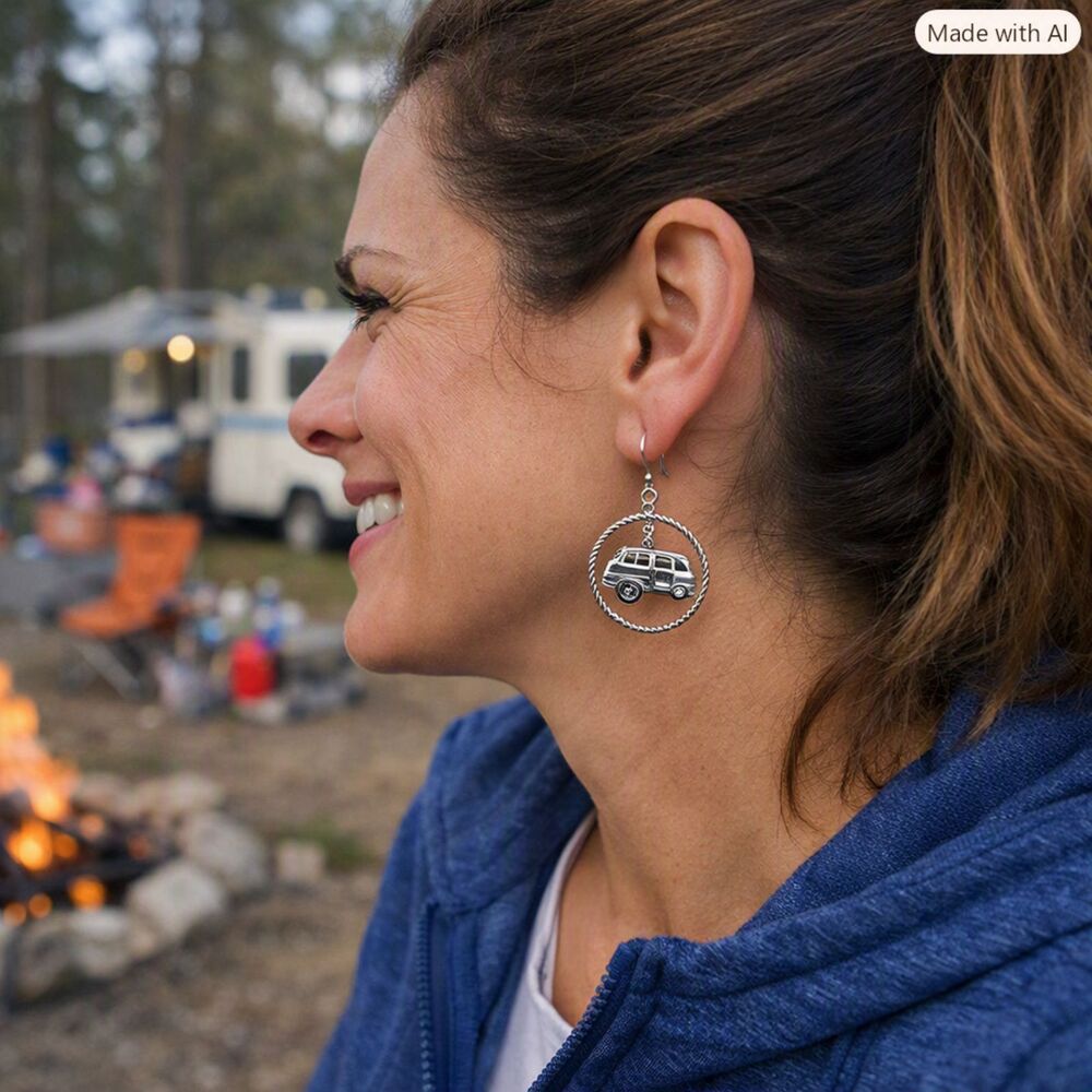 Silver Hoop Happy Camper Earrings NEW Vintage Travel Trailer Charm French Hook
